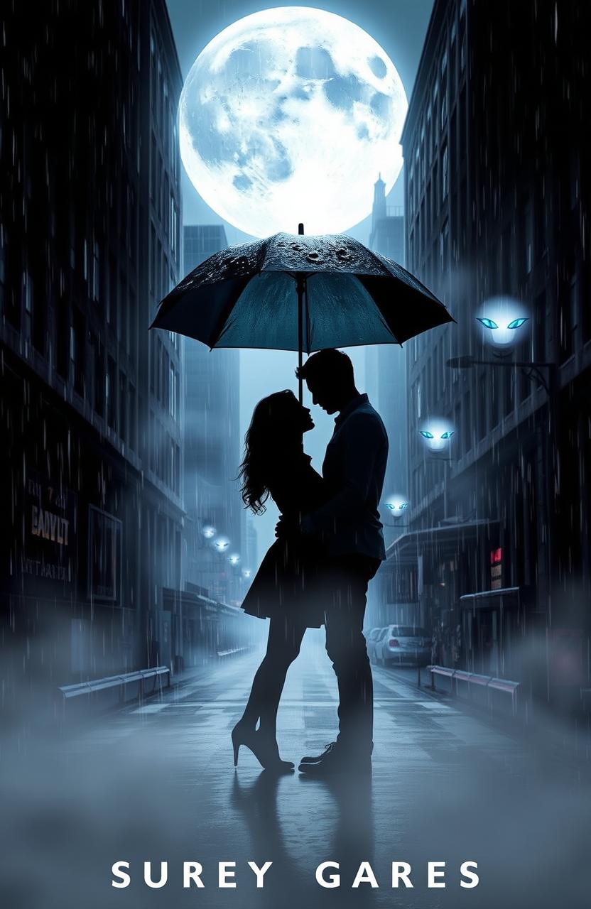 A captivating book cover design depicting a couple standing together under a large umbrella, their expressions intense as they gaze into each other's eyes