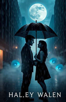 A captivating book cover design depicting a couple standing together under a large umbrella, their expressions intense as they gaze into each other's eyes