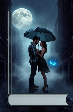 A captivating book cover design depicting a couple standing together under a large umbrella, their expressions intense as they gaze into each other's eyes