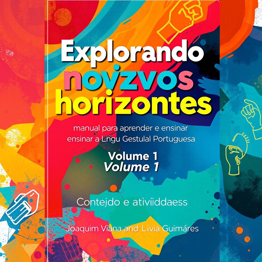 A visually engaging book cover design for "Explorando novos horizontes: manual para aprender e ensinar a Língua Gestual Portuguesa