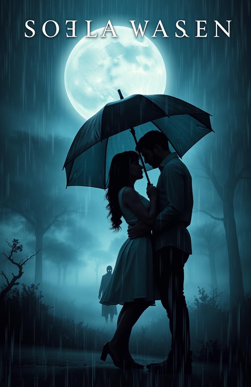 A book cover design that exudes an air of mystery, featuring a couple standing closely together under a large umbrella, their deep gaze focused intently on each other