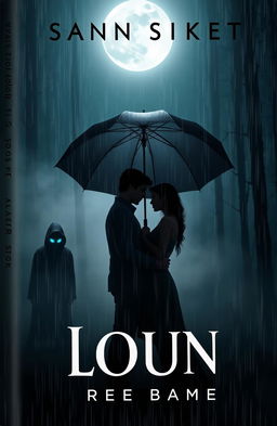 A book cover design that exudes an air of mystery, featuring a couple standing closely together under a large umbrella, their deep gaze focused intently on each other