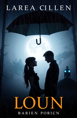 A book cover design that exudes an air of mystery, featuring a couple standing closely together under a large umbrella, their deep gaze focused intently on each other