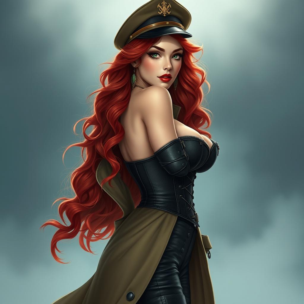 A striking female figure with long, wavy red hair that cascades to her waist