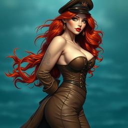 A striking female figure with long, wavy red hair that cascades to her waist