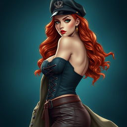 A striking female figure with long, wavy red hair that cascades to her waist