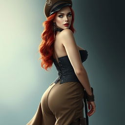 A striking female figure with long, wavy red hair that cascades to her waist