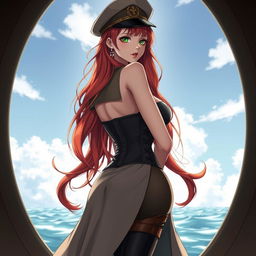 A stunning anime-inspired character named Elizabeth with super wavy long red hair flowing down her back