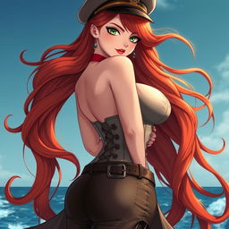 A stunning anime-inspired character named Elizabeth with super wavy long red hair flowing down her back