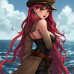 A stunning anime-inspired character named Elizabeth with super wavy long red hair flowing down her back