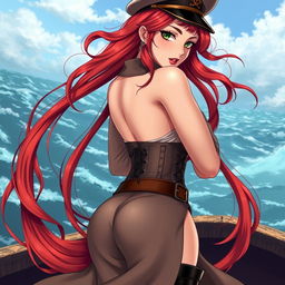 A stunning anime-inspired character named Elizabeth with super wavy long red hair flowing down her back