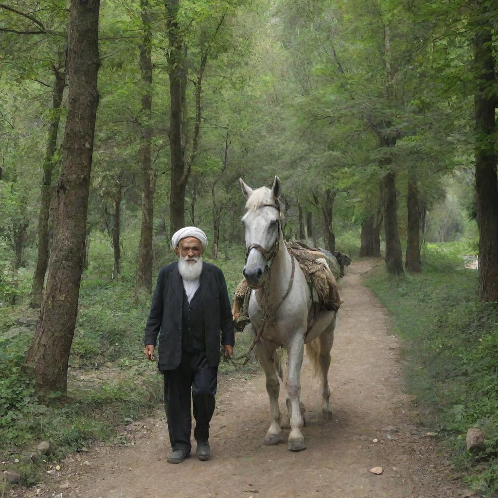 An elderly rural Iranian man amidst the verdant forest of Iran, accompanied by a white horse and a black mule tethered together by rope, carrying burdensome loads.