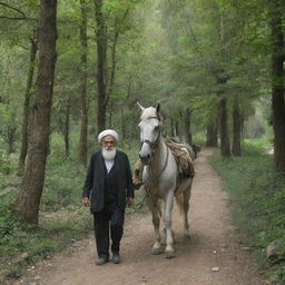 An elderly rural Iranian man amidst the verdant forest of Iran, accompanied by a white horse and a black mule tethered together by rope, carrying burdensome loads.