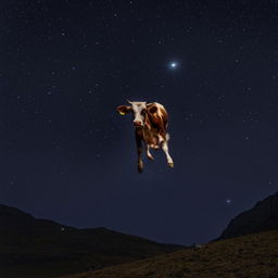 A lively cow soaring over a bright, full moon against a starlit pitch-black sky.