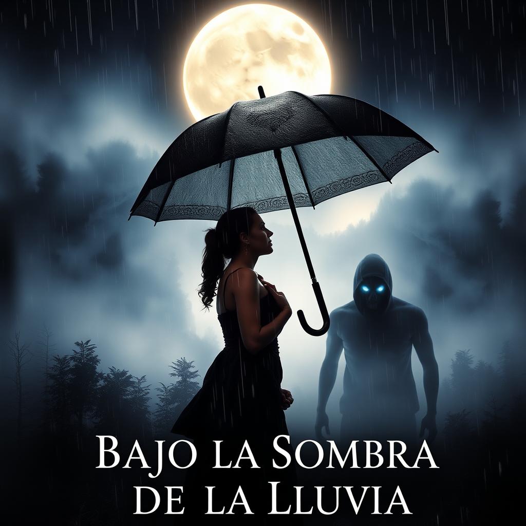 A captivating book cover titled 'Bajo la Sombra de la Lluvia', featuring a romantic scene of a couple standing closely under a large umbrella, gazing intensely into each other's eyes