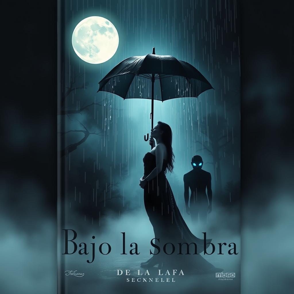 A captivating book cover titled 'Bajo la Sombra de la Lluvia', featuring a romantic scene of a couple standing closely under a large umbrella, gazing intensely into each other's eyes