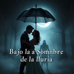 A captivating book cover titled 'Bajo la Sombra de la Lluvia', featuring a romantic scene of a couple standing closely under a large umbrella, gazing intensely into each other's eyes