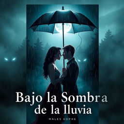 A captivating book cover titled 'Bajo la Sombra de la Lluvia', featuring a romantic scene of a couple standing closely under a large umbrella, gazing intensely into each other's eyes