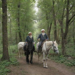 An elderly rural Iranian man amidst the verdant forest of Iran, accompanied by a white horse and a black mule tethered together by rope, carrying burdensome loads.