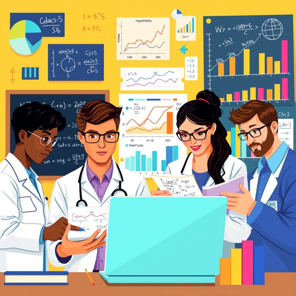 A conceptual illustration representing inferential statistics, showcasing a diverse group of researchers analyzing data