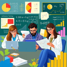 A conceptual illustration representing inferential statistics, showcasing a diverse group of researchers analyzing data