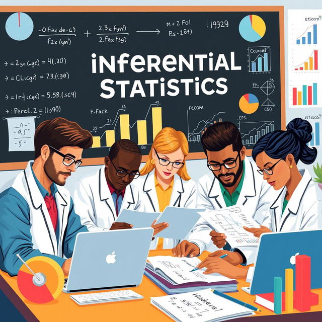 A conceptual illustration representing inferential statistics, showcasing a diverse group of researchers analyzing data