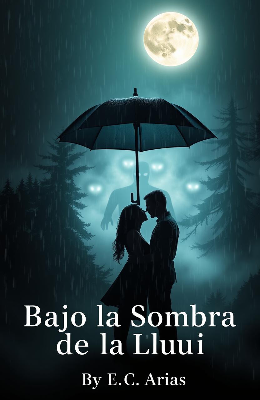 A book cover titled 'Bajo la Sombra de la Lluvia' that vividly evokes feelings of romance and terror