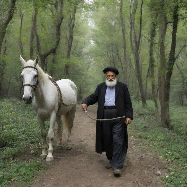 An elderly rural Iranian man amidst the verdant forest of Iran, accompanied by a white horse and a black mule tethered together by rope, carrying burdensome loads.