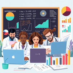 A conceptual illustration representing inferential statistics, showcasing a diverse group of researchers analyzing data