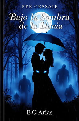 A captivating book cover titled 'Bajo la Sombra de la Lluvia', showcasing a romantic yet eerie scene