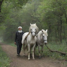 An elderly rural Iranian man amidst the verdant forest of Iran, accompanied by a white horse and a black mule tethered together by rope, carrying burdensome loads.