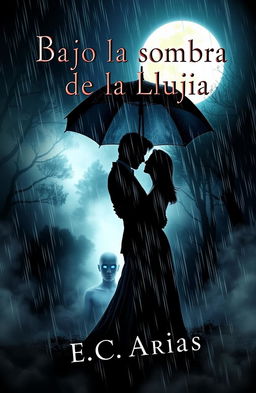 A captivating book cover titled 'Bajo la Sombra de la Lluvia', showcasing a romantic yet eerie scene