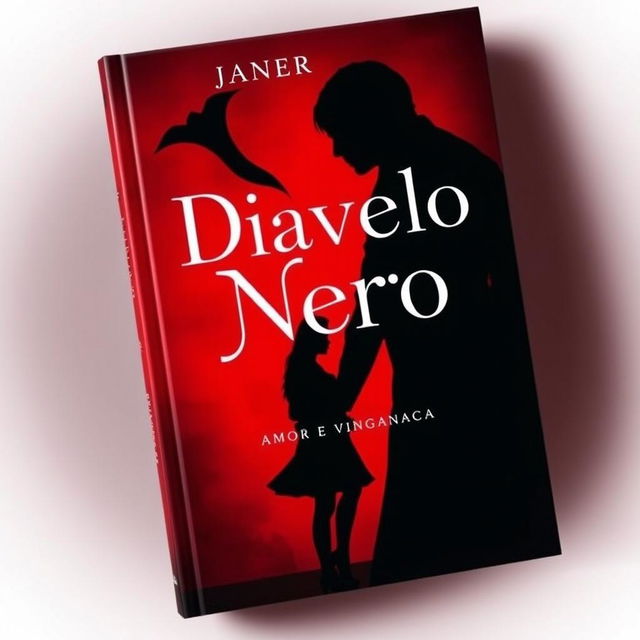 A captivating book cover for 'Diavolo Nero: Amor e Vingança' featuring a deep, dark red background that instills a sense of mystery and passion