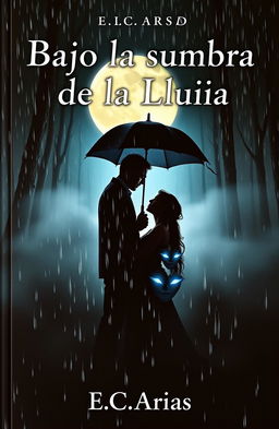 A captivating book cover titled 'Bajo la Sombra de la Lluvia', showcasing a romantic yet eerie scene