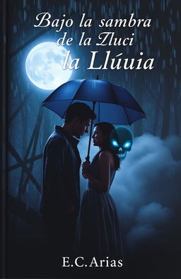 A captivating book cover titled 'Bajo la Sombra de la Lluvia', showcasing a romantic yet eerie scene