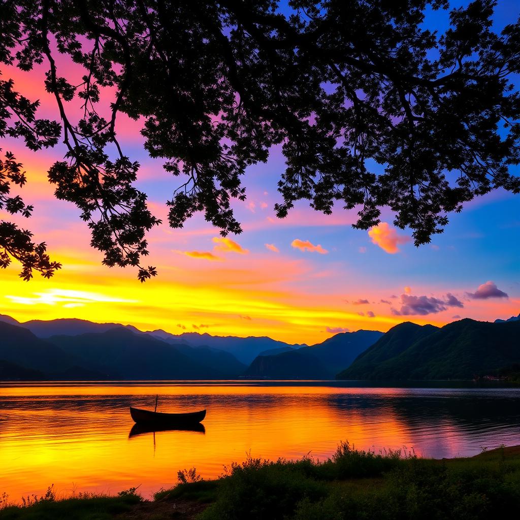 A breathtaking landscape depicting a vibrant sunset over a tranquil lake, surrounded by lush green mountains