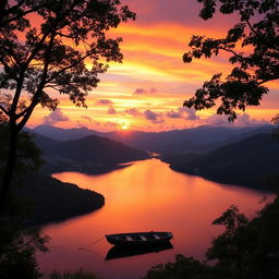 A breathtaking landscape depicting a vibrant sunset over a tranquil lake, surrounded by lush green mountains