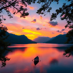 A breathtaking landscape depicting a vibrant sunset over a tranquil lake, surrounded by lush green mountains