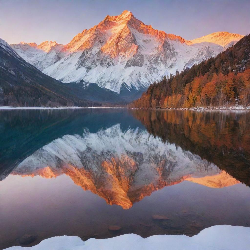 A serene alpine landscape during sunset with a crystal clear lake reflecting vibrant hues of orange, yellow and pink with towering snow-capped mountains in the background