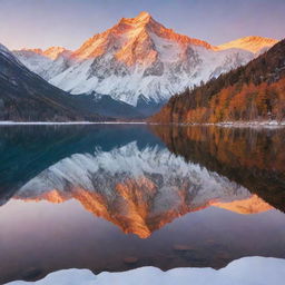 A serene alpine landscape during sunset with a crystal clear lake reflecting vibrant hues of orange, yellow and pink with towering snow-capped mountains in the background