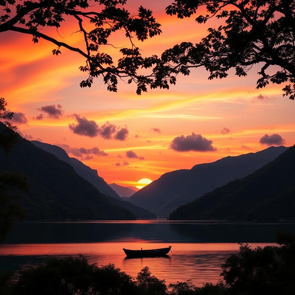 A breathtaking landscape depicting a vibrant sunset over a tranquil lake, surrounded by lush green mountains