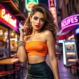 A glamorous young woman with an exaggerated playful personality, sporting a trendy, colorful outfit that includes a tight mini skirt and a flashy crop top