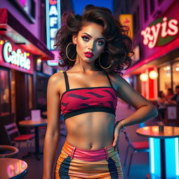 A glamorous young woman with an exaggerated playful personality, sporting a trendy, colorful outfit that includes a tight mini skirt and a flashy crop top