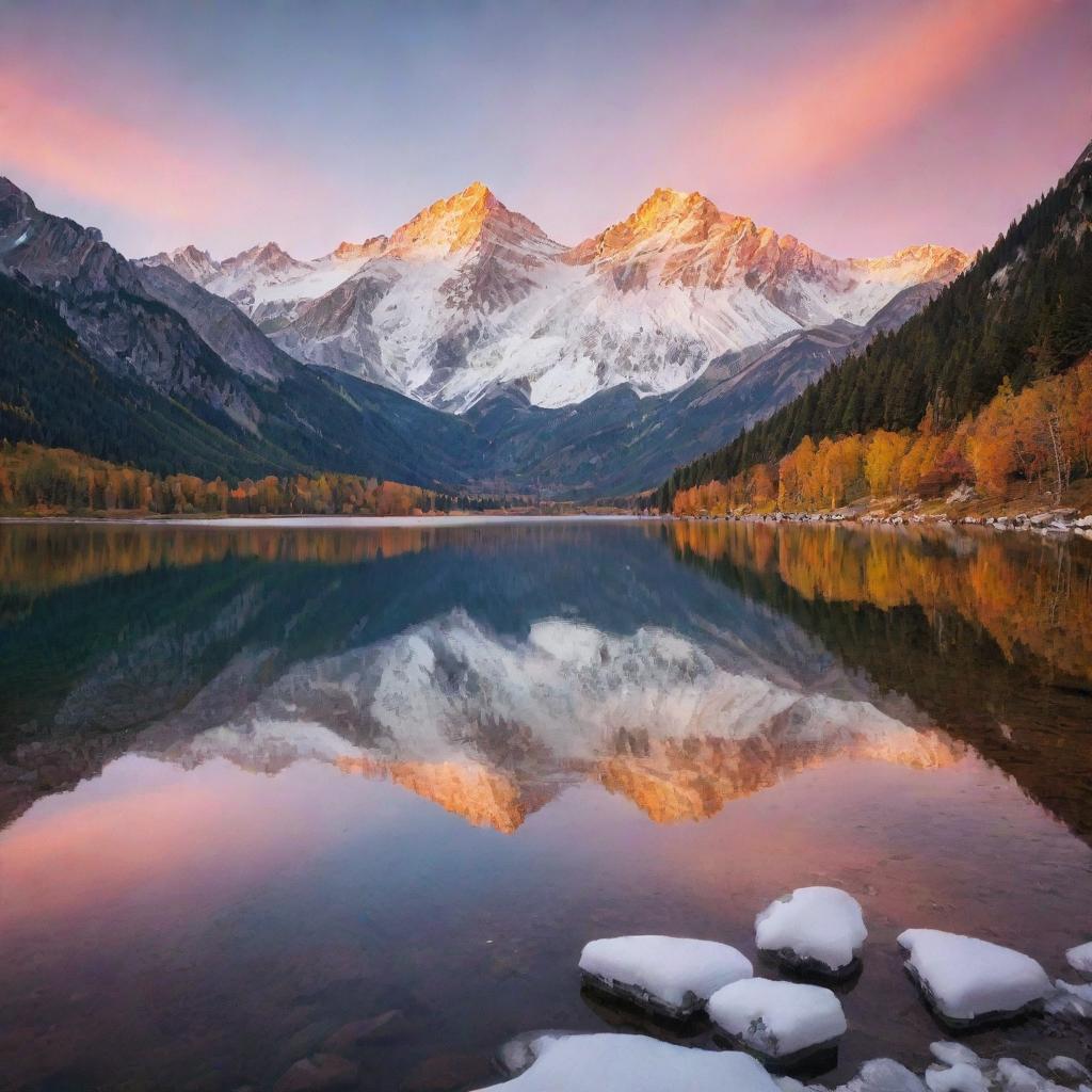 A serene alpine landscape during sunset with a crystal clear lake reflecting vibrant hues of orange, yellow and pink with towering snow-capped mountains in the background