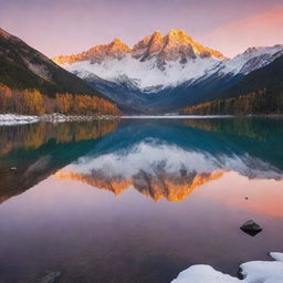 A serene alpine landscape during sunset with a crystal clear lake reflecting vibrant hues of orange, yellow and pink with towering snow-capped mountains in the background