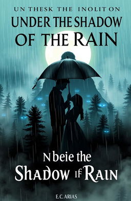 A captivating book cover for a romance and terror novel titled 'Under the Shadow of the Rain'