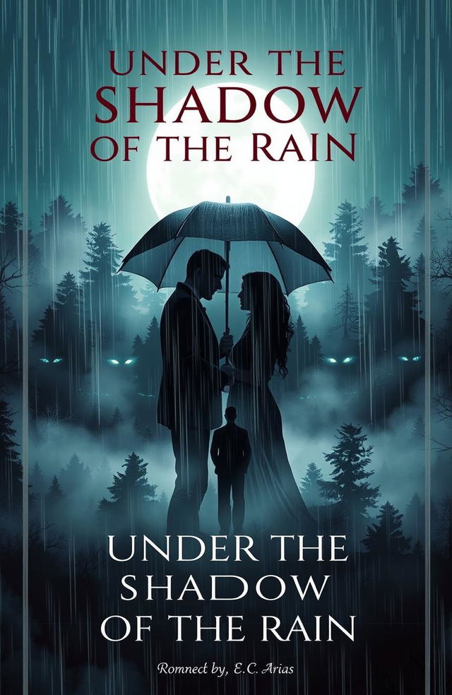 A captivating book cover for a romance and terror novel titled 'Under the Shadow of the Rain'