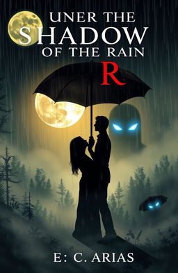 A captivating book cover for a romance and terror novel titled 'Under the Shadow of the Rain'