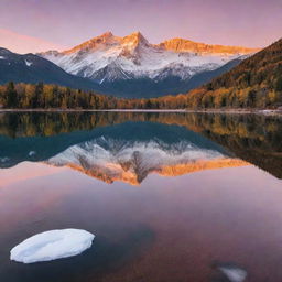 A serene alpine landscape during sunset with a crystal clear lake reflecting vibrant hues of orange, yellow and pink with towering snow-capped mountains in the background