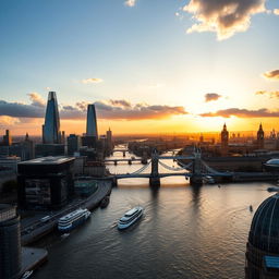 A stunning aerial view of London, showcasing iconic landmarks such as the Tower Bridge and the Houses of Parliament, with the River Thames flowing through the city